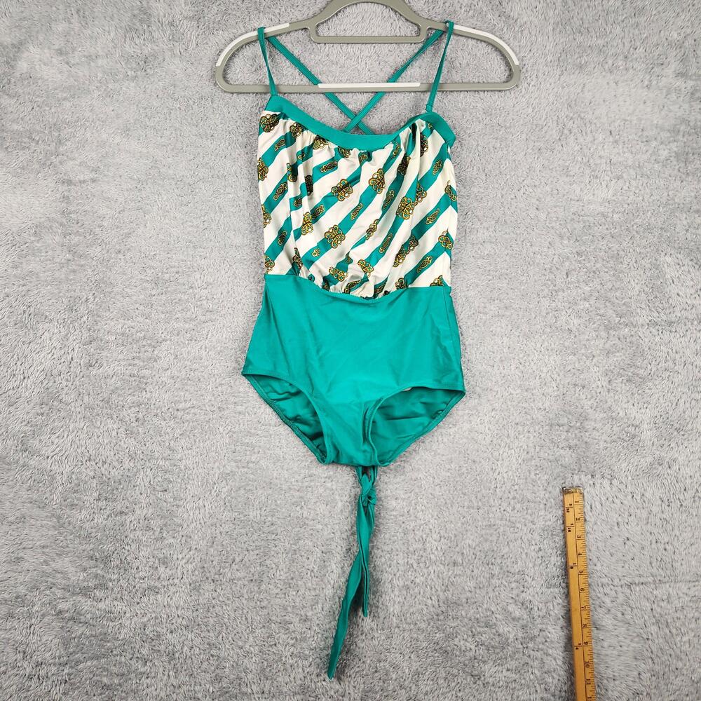 Vintage Gottex Swimsuit Womens 8 Teal Stripe Tank One Piece Crossback Tie Print